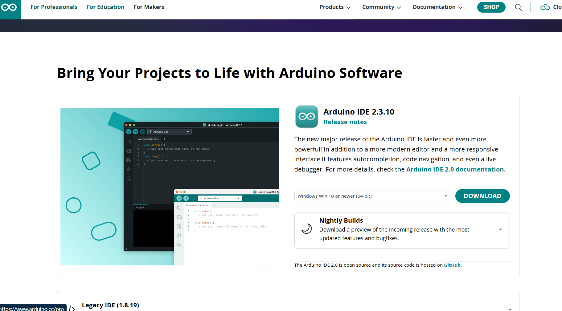 Die Arduino Website zur Installation der Arduino IDE.